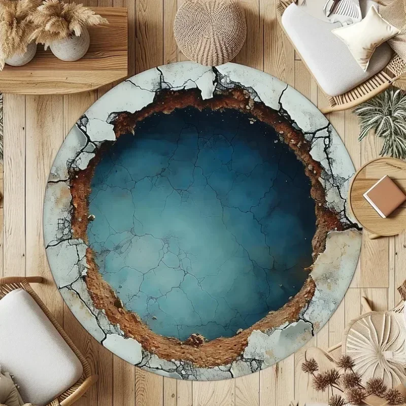~O~3D Optical Illusion Crack & Vortex Round Carpet – Deep Hole Design Non-Slip Floor Mat for Bedroom, Sofa, Bedside Leisure Area