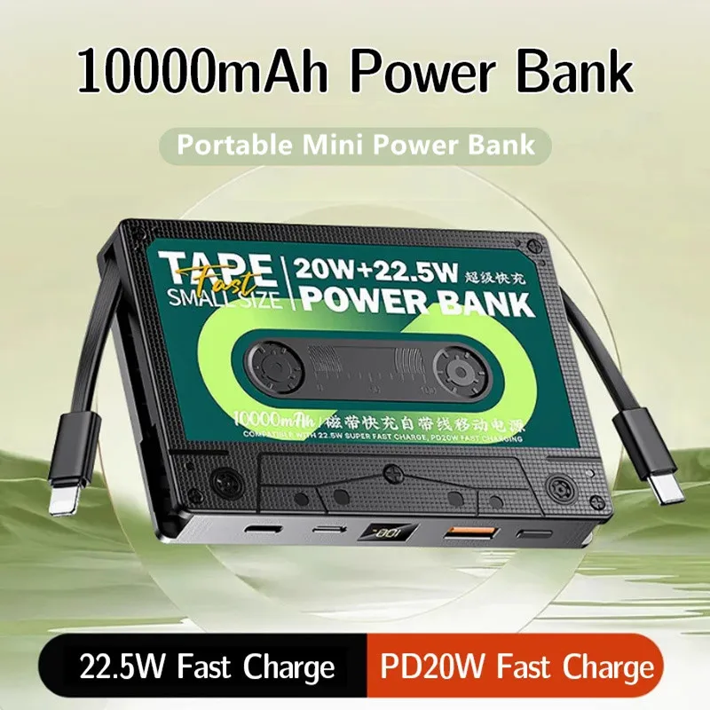 Mini Power Bank 10000mAh Ultra-thin USB Cable 22.5W Fast Charging Spare Battery for iPhone Samsung Xiaomi Portable charger