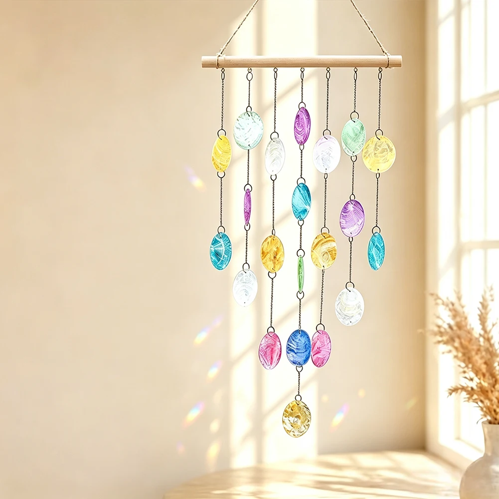 Regenbogenfarbene Muschel-Windspiele, Sonnenfänger, natürliche runde Muschelscheiben, Fensterdekoration zum Aufhängen für den Außenbereich, Garten, Balkon, Heimdekoration – Detail 4