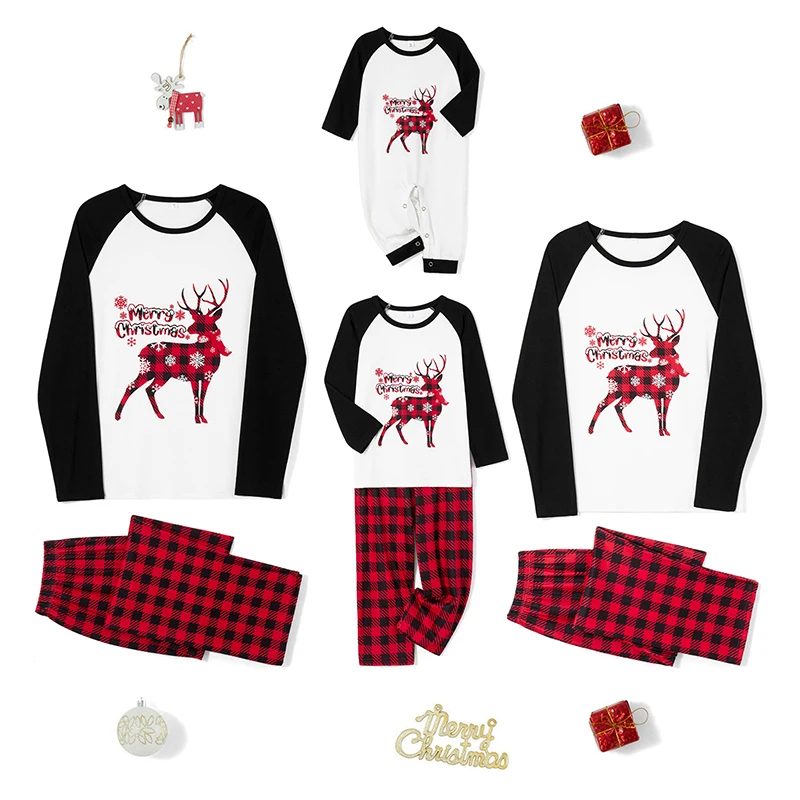 

Festive Family Matching Pajamas Set with Reindeer Print Tops and Checkered Bottoms for Cozy Holiday Lounging and Sleepwear