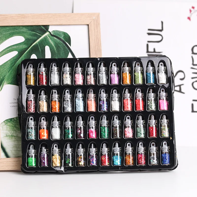 

48 Bottles Nail Ornaments Set Glass Vials Nail Art Decorations Jewelry 3d Glitter Sequin Caviar Kit for Manicure/DIY Accessories