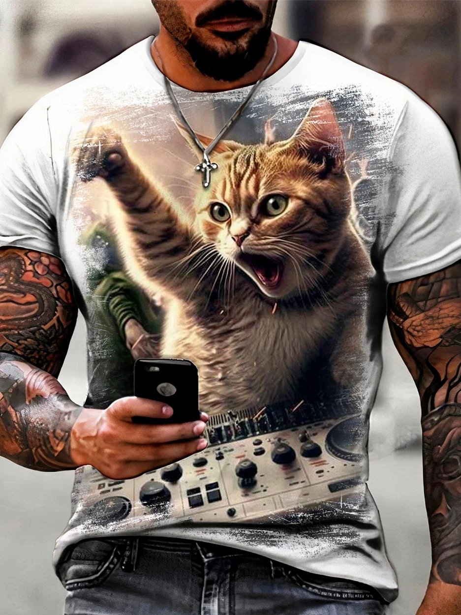 Summer New Men's Trendy Print Pattern Cat Element T-shirt Fashion Slim Fit Round Neck Short Sleeve Comfortable
