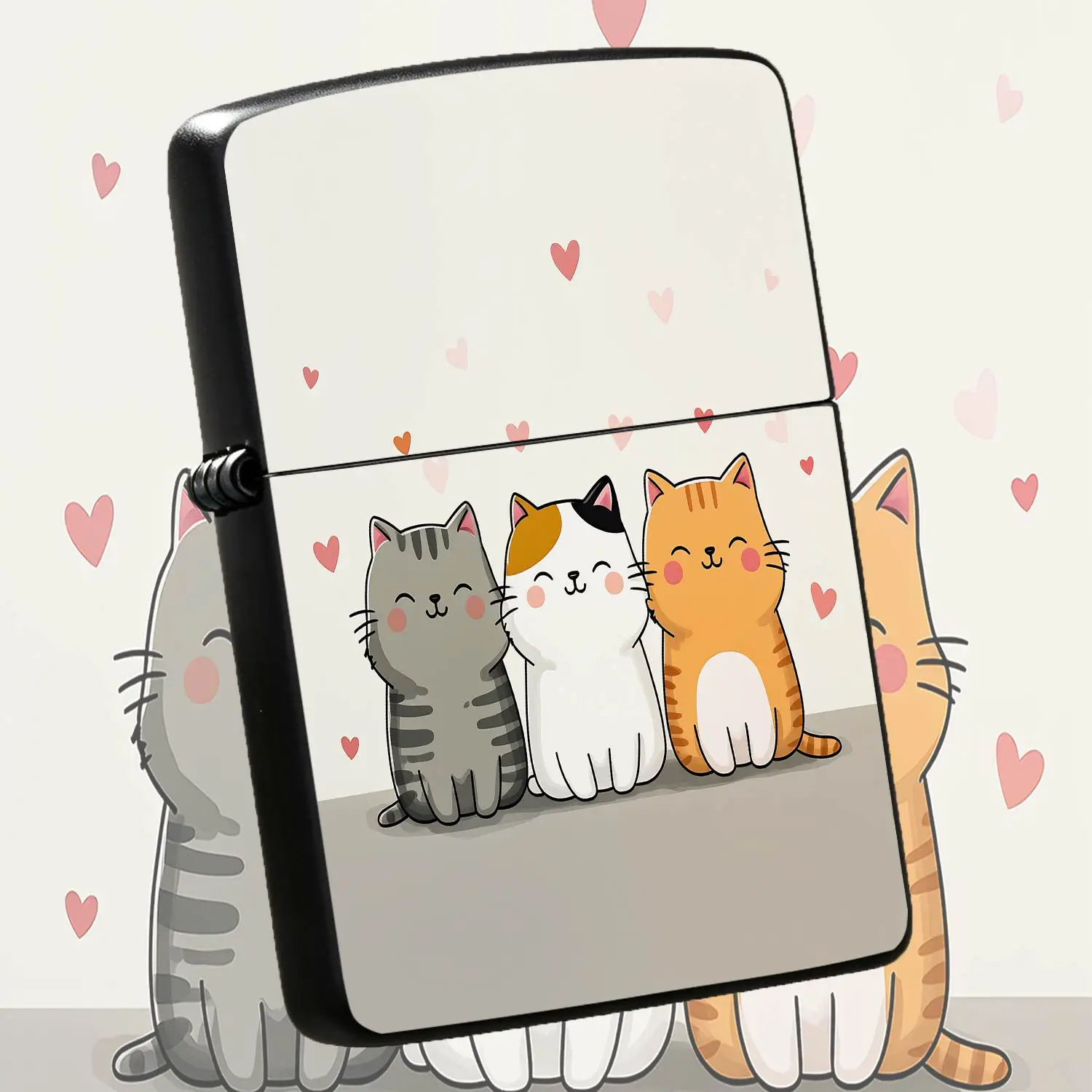 Cute Chubby Cat Printed Lighter, Adorable 3 Happy Kittens Pattern Portable Lighter, Sweet Floating Hearts Design, Ideal For Daily Use, Party Favors, Home Decor, Thoughtful Warm Gift For Cat Lovers Friends Family On All A Humorous And Intere