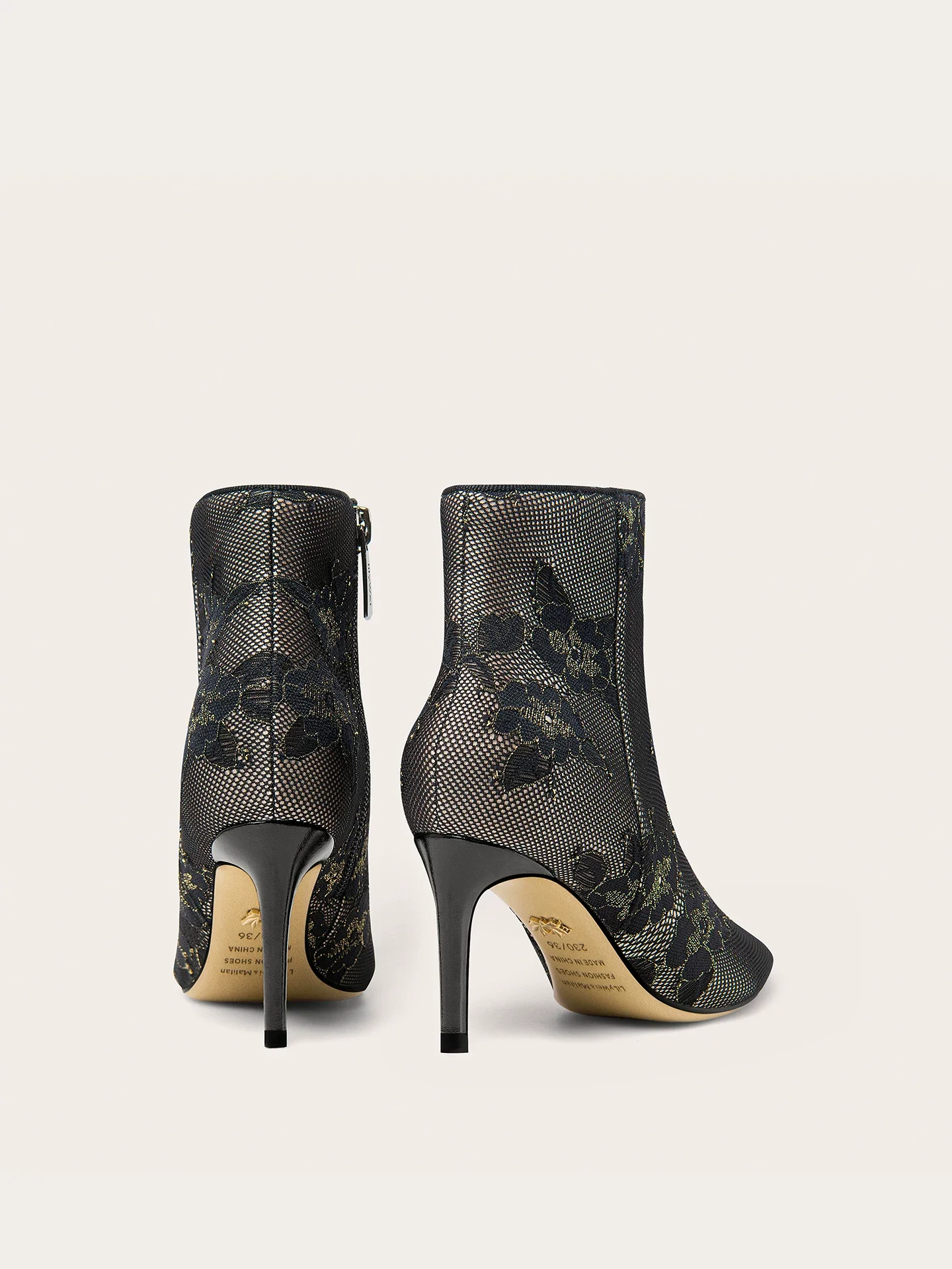 Autumn and Winter New Pointed Lace Mesh Side Zipper Short Boots Dress Large Size Small Size Velvet Warm High Heels Women's Boots