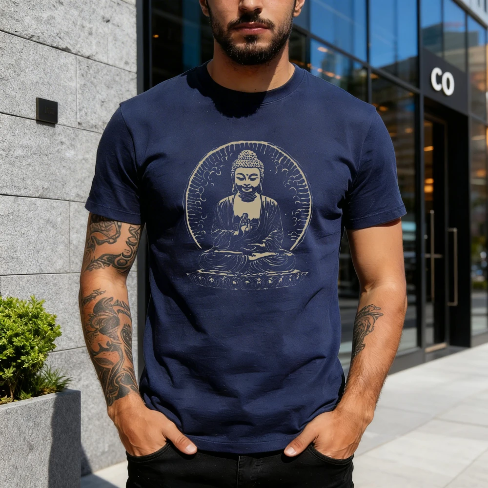 Vintage Buddha Meditation T-Shirt Meditating Buddha with Mudra Gesture Print Shirt Men Unisex Crewneck Cotton Short Sleeve