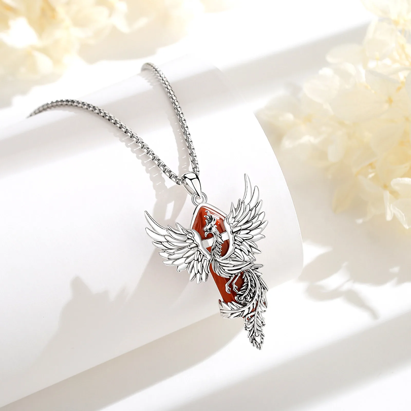 Eudora Phoenix Twining Hexagonal Prismatic Redstone Necklace Punk Healing Stone Pendant Personality Jewelry for Women Man Gift