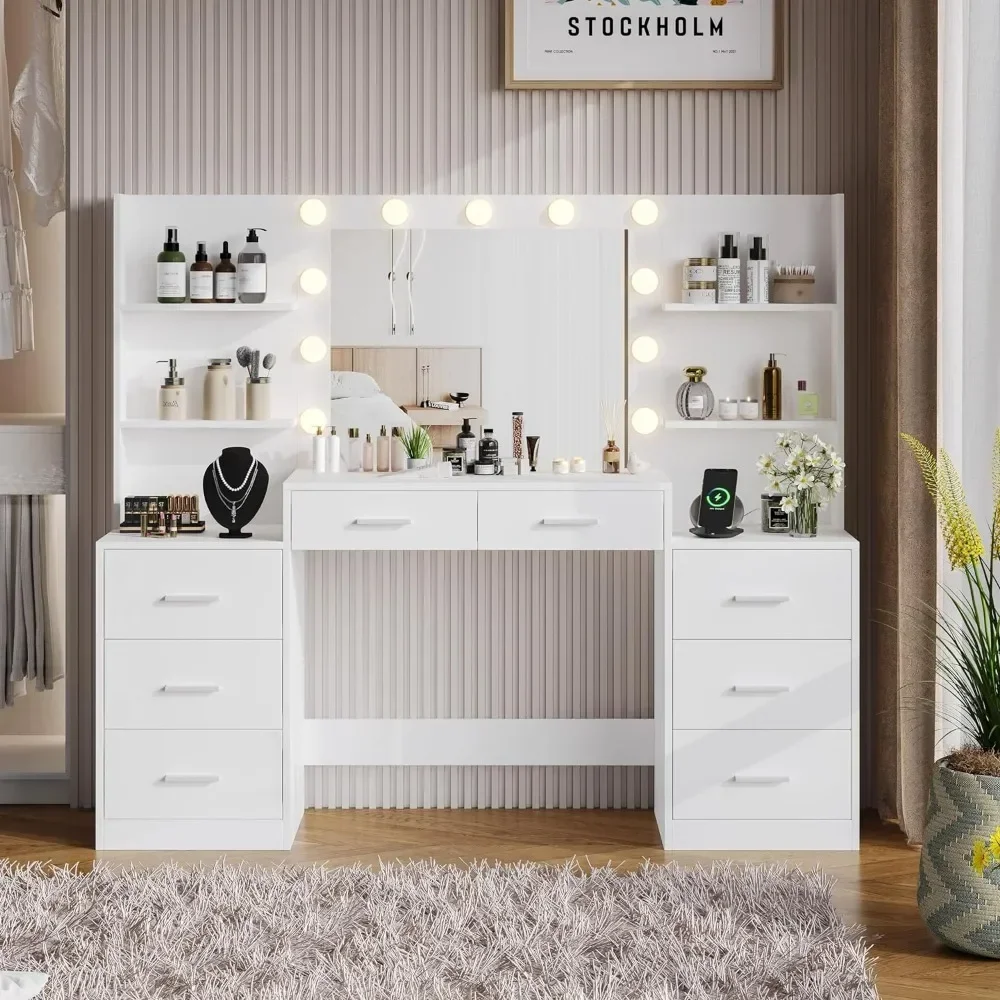 

For Makeup Table with Mirror & Lights, Vanity Desk with Power Strip, Large Drawer & Six Open Storage Dresser , Dressing Table
