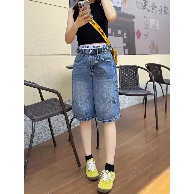 Shorts de Mezclilla Casuales de Verano para Mujer, Diseño con Rayas Laterales, Cintura Alta, Ajuste Holgado y Versátil