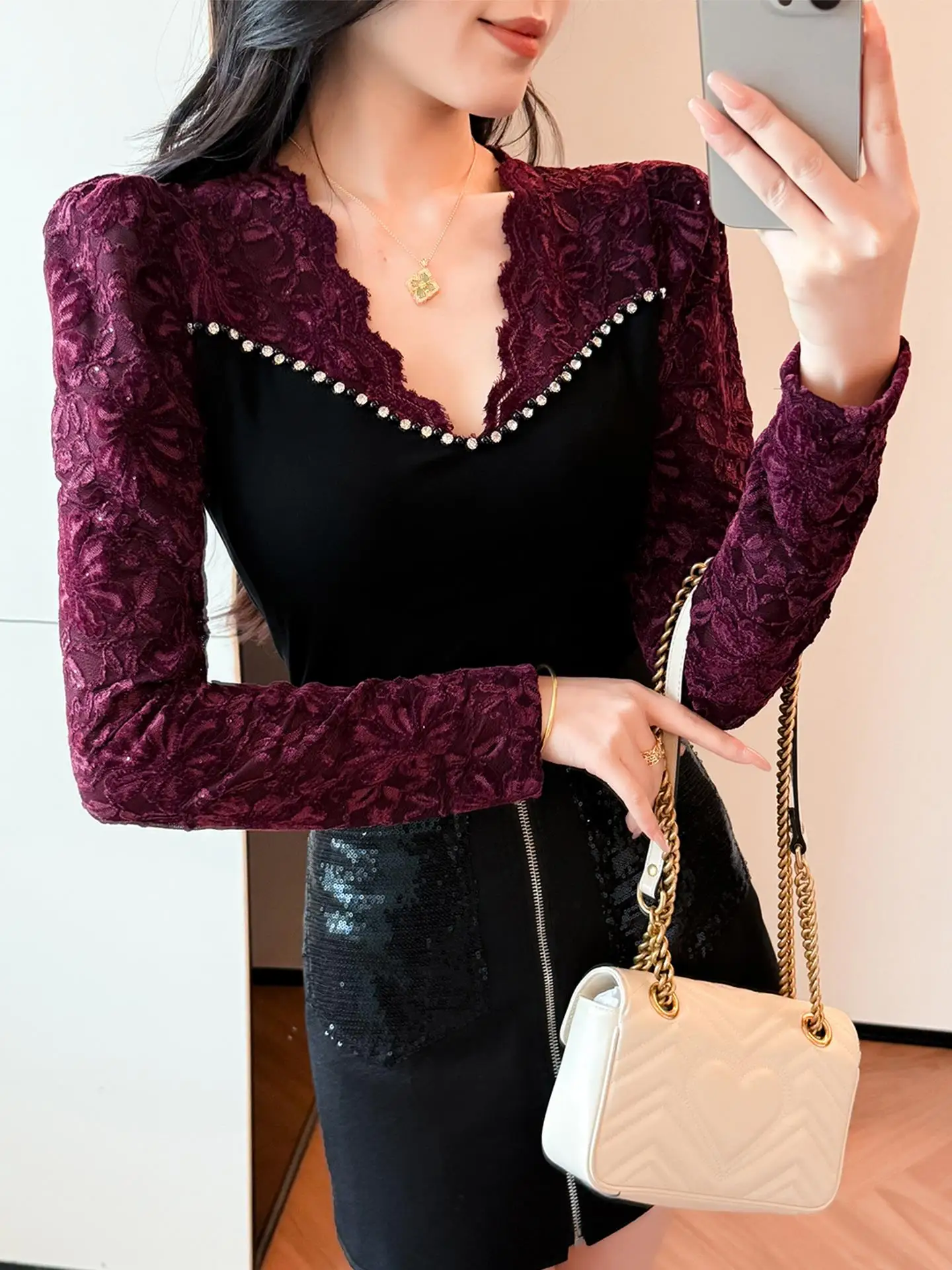 

Ele женский топ со стразами Embellied Long Sve V-Ne с кружевной отделкой, облегающий топ, модная основа, осень-зима