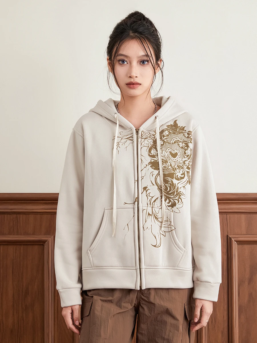 

Women Oversized Hoodie Long Sleeve Fashion Vintage Graphic Print Zip Up Loose Drawstring Sweatshirt Jackets Coat with Pockets