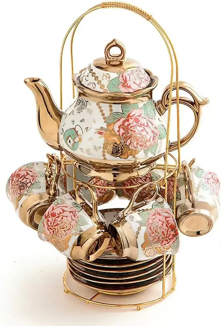 

Gold Plated Red Rose Ceramic Tea Set, Vintage Teapot for 6 People - Elegant Coffee Serving