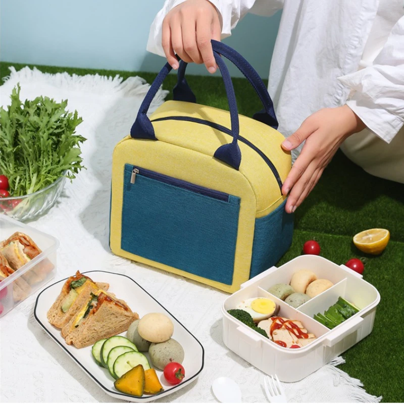 Color blocking bento bag, insulated bag, cationic lunch box handbag, aluminum foil thickened waterproof lunch bag, ice pack