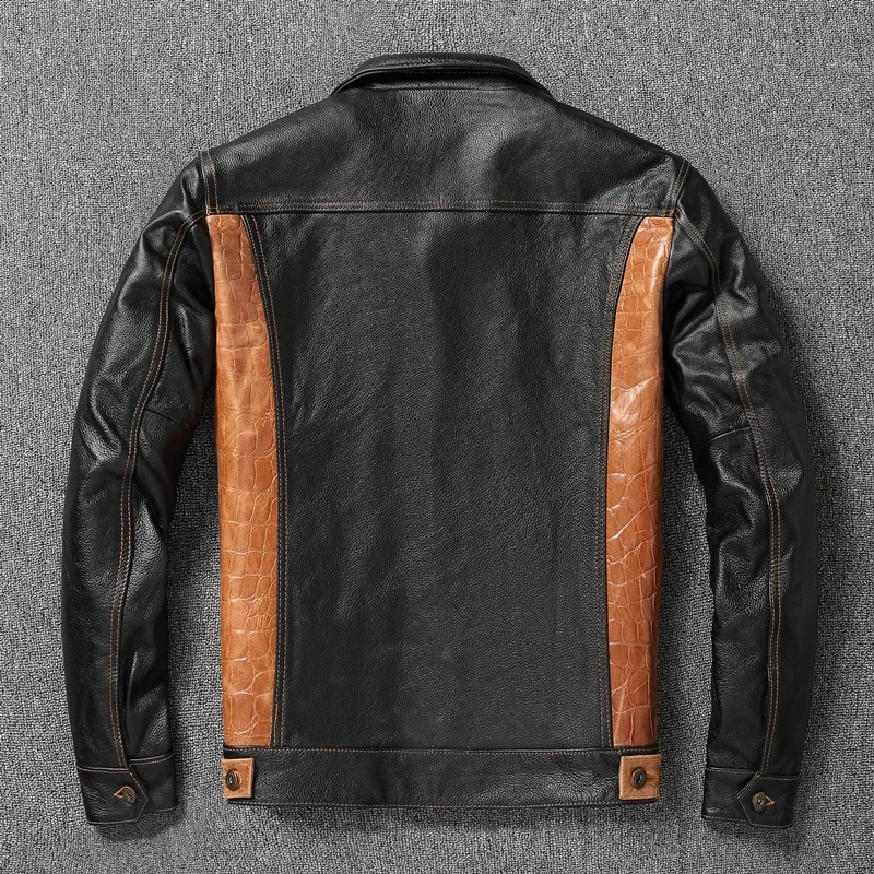 New style pure head layer cowhide stitching color contrast lapel jacket genuine leather leather jacket men's 507 denim style cas