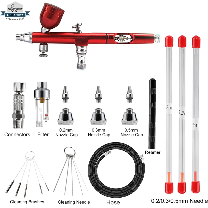 Airbrush Kits de dupla ação, pistola de 0,2mm, filtro e mangueira para maquiagem, tatuagem de unhas, decoração do bolo, várias opções de cores