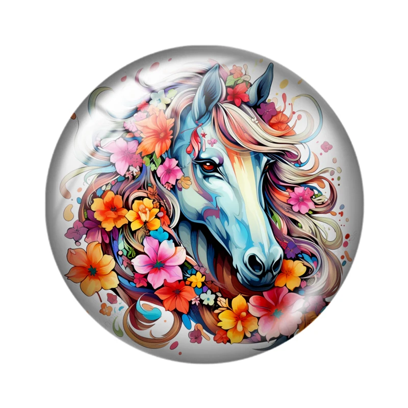 Horse With Flowers Watercolor  12mm/20mm/25mm Round glass cabochon flat back Making findings for custom DIY bracelets