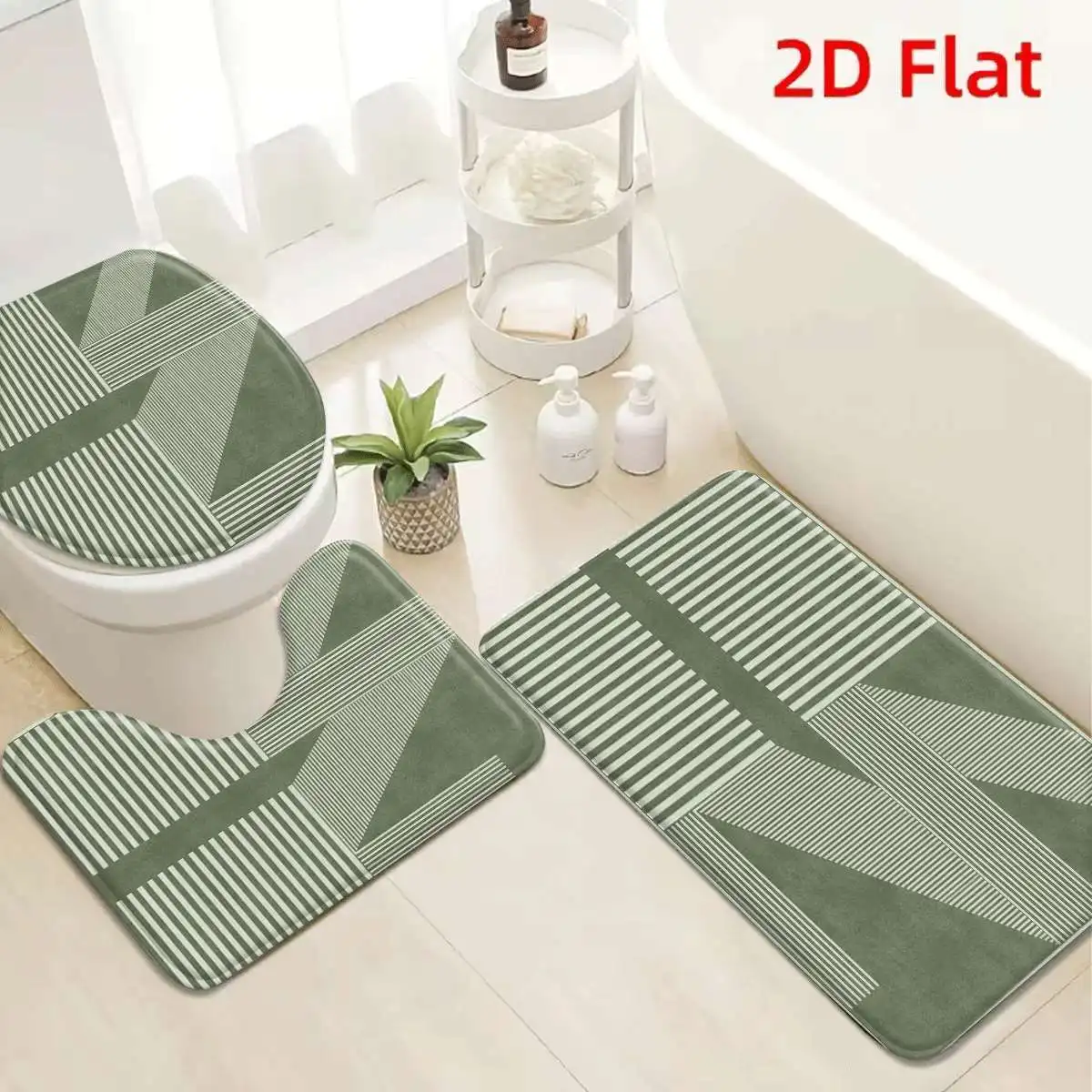 

3Pcs Sage Green Geometric Stripe Bath Mat Non Slip Absorbent Toilet Rug with Lid Cover for Bathroom Washable Flannel Base