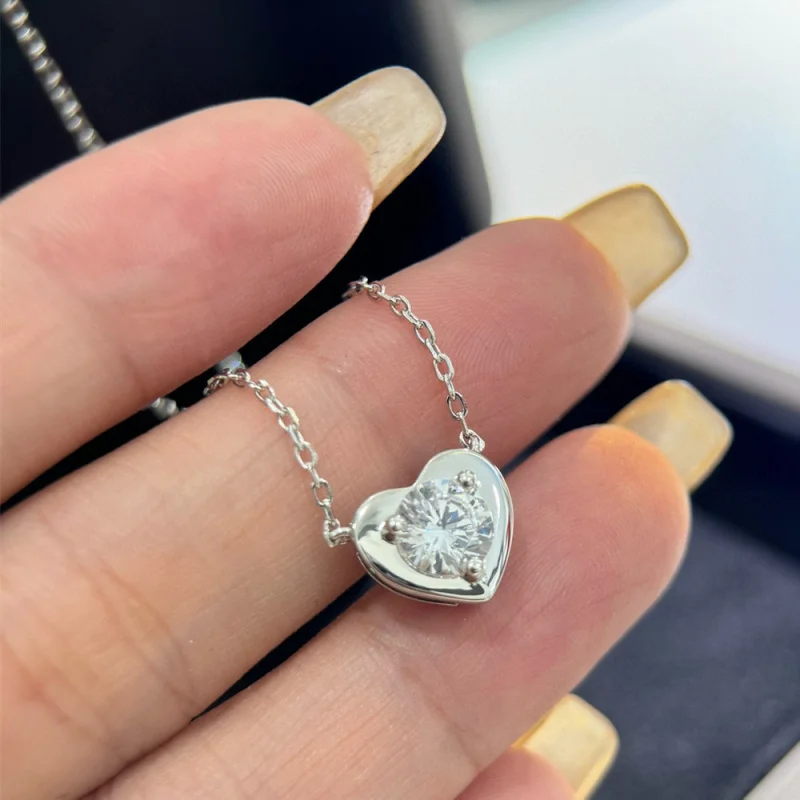 S925Sterling Silver Loving Heart Necklace Japanese and Korean Simple Exquisite High-Grade Single Diamond Glossy Necklace Light L