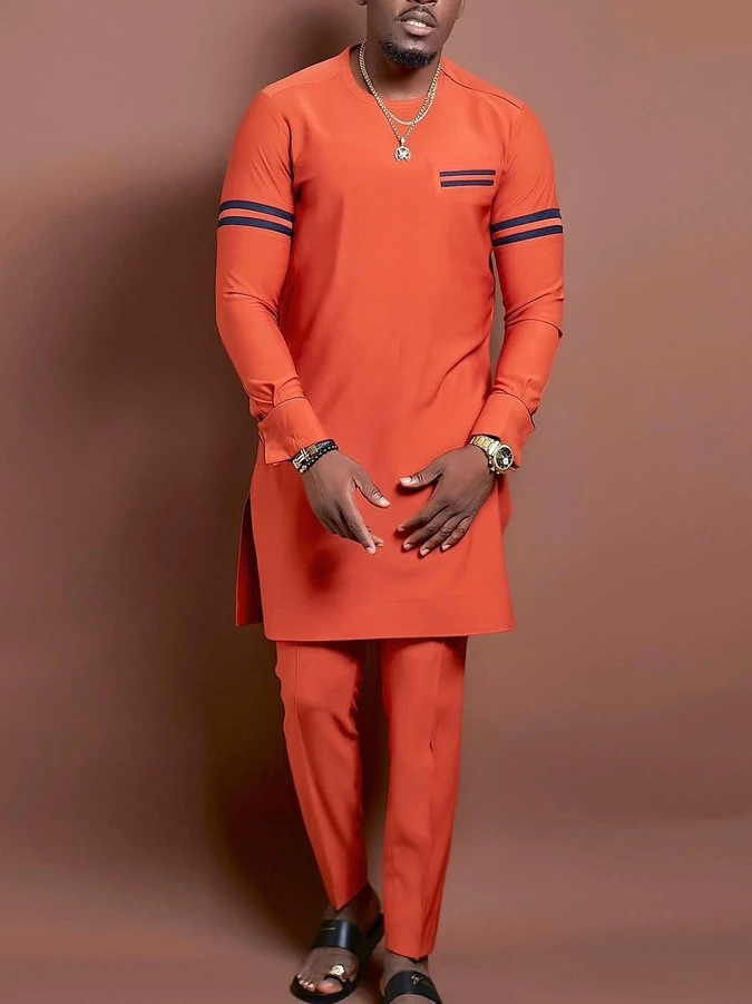 Men's chic and casual orange geometric print long sleeve two-piece set