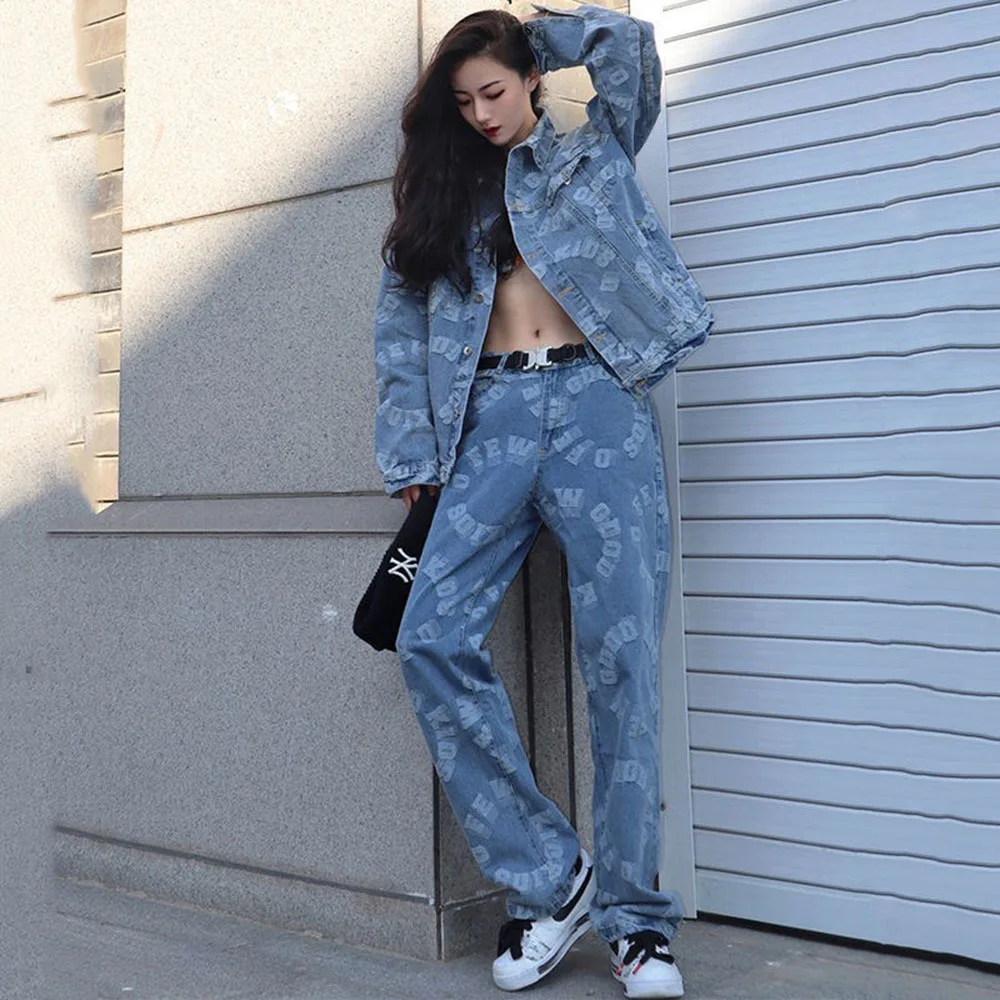 Autumn 2 Piece Sets Womens Outfits Denim Jacket Women Men Lovers High Street Hip-hop Long Sleeve Coats + High Waist Baggy Jeans