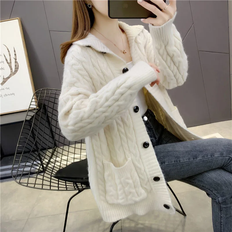 

Korean Style Twist Pocket Solid Color Knitted Cardigan Top Casual New Loose Sweater Coat Women