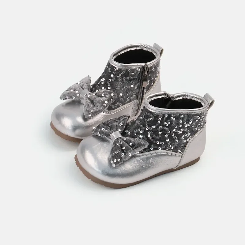 Mumoresip Luxury Children Sequin Dress Boots Princess Sparkly Bow Girls Ankle Boots for Wedding Party Zipper Kids Short Boots
