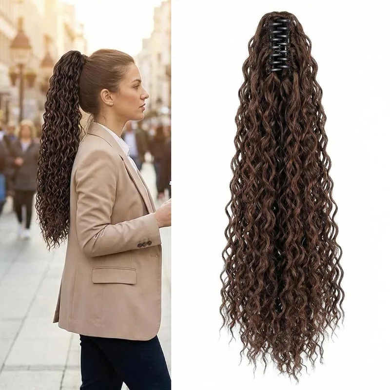 

22 inch Synthetic Long Curly Ponytail Extensions Claw Clip On Deep Wave Pony Tail Hairpieces for Women Daily Use Black Brown