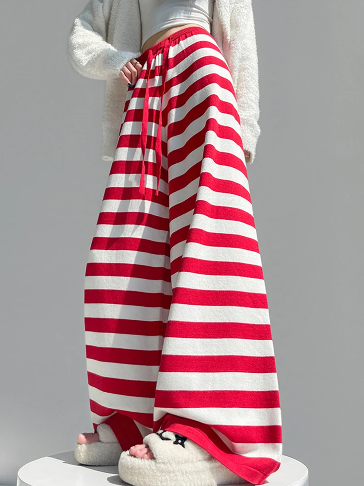 Jmprs Casual Striped Knitted Pant Women High Waist Fashion Sweet Wide Leg Trousers Korean Chic Fall Winter Female Elegant Pants