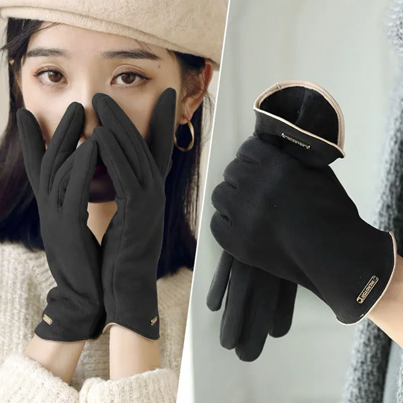 Guantes de gamuza para mujer, manoplas elegantes de Cachemira fina y cálida con pantalla táctil, a prueba de viento, para conducir, Otoño e Invierno