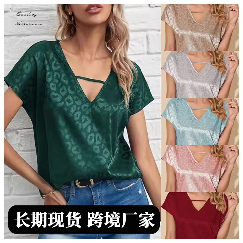 

Summer V-neck Women's Short-sleeved Shirt Satin Design Loose Korean Pullover Top Simple New Female's All-match Blouses