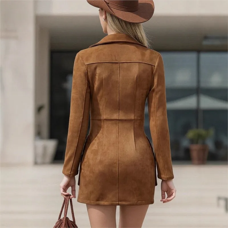 Abiti da donna con nappe in pelle scamosciata solida retrò occidentale Colletto rovesciato con cerniera Abito sui fianchi sottili Abito con scollo a V a maniche lunghe nuovo autunno