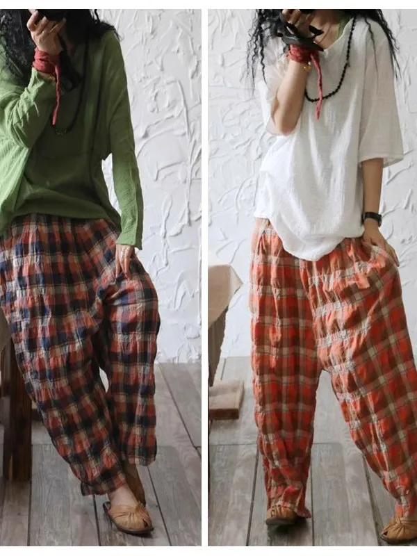 

Хлопковые льняные брюки в клетку с широкими штанинами, летние, новые, в стиле ретро, свободные, удобные, тонкие, домашние, повседневные, женские брюки в стиле дзен