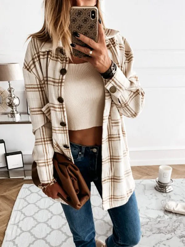 Loose Vintage Plaid Long Sve irt Street Sle Loose Fit Cheered Pattern Women's Spring Faion  Collar Button up