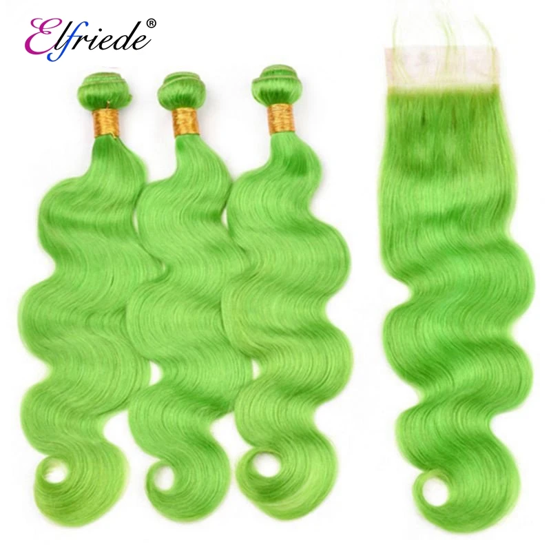 Elfriede #Grass Green Body Wave Hair Bundles with Closure Brazilian Human Hair Wefts 3 Bundles with 4X4 Transparent Lace Closure