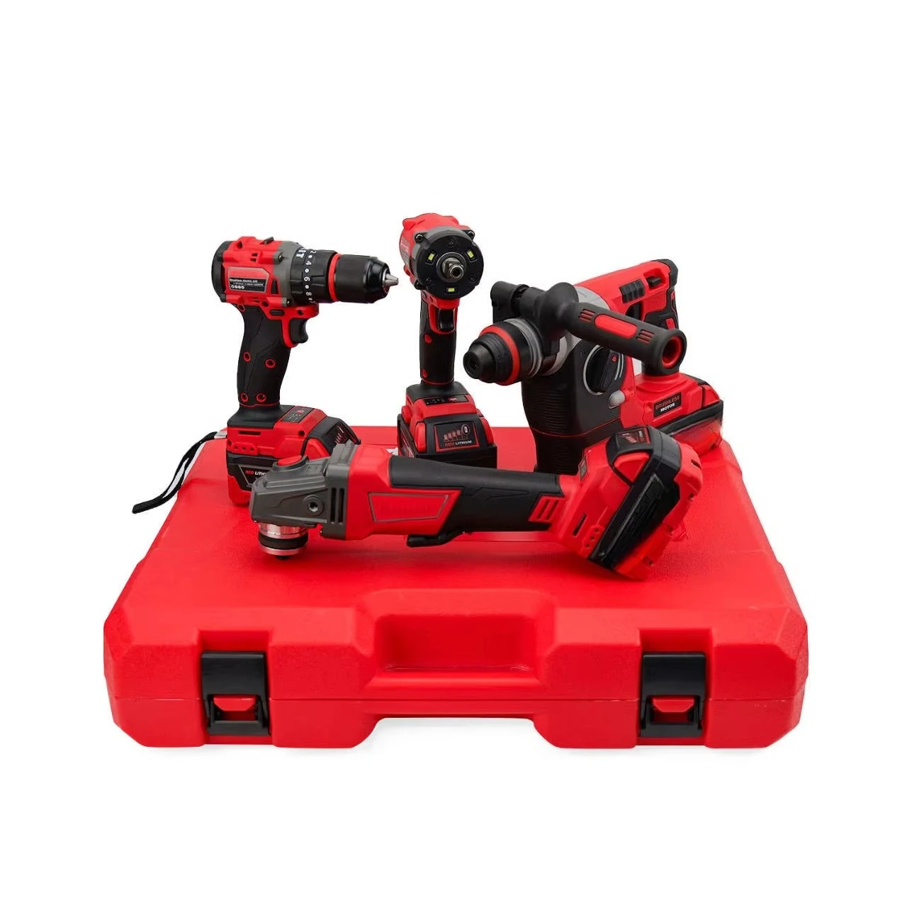 Red 10-In-1 Cordless Tool Set Brushless Hammer Drill Impact Wrench Angle Grinder 4 Machines 4 Batteries 2 Chargers Keyless OEM