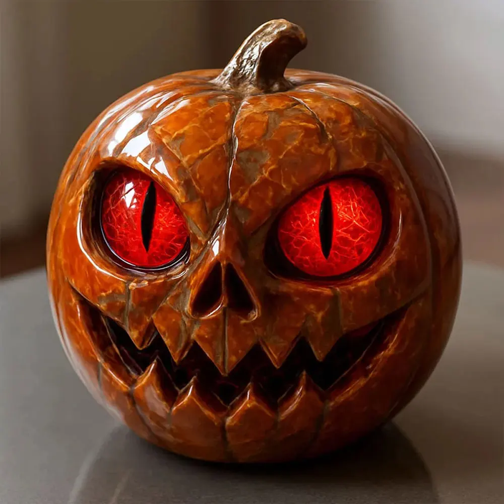 تصميم فريد من نوعه على شكل يقطين مصنوع يدويًا تمثال يقطين أحمر العينين مظهر رخامي من الراتنج مع عيون كهرمانية ديكور سطح الطاولة للهالوين