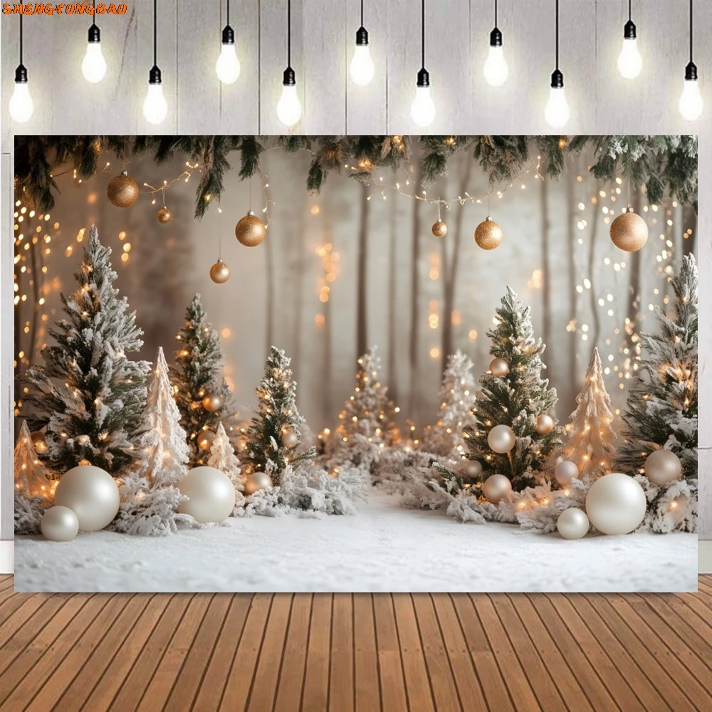 สีขาวคริสต์มาสการถ่ายภาพพื้นหลัง Xmas Pine Tree Gold Bells ฤดูหนาวหิมะเด็กภาพตกแต่งคริสต์มาสฉากหลัง Photo Studio