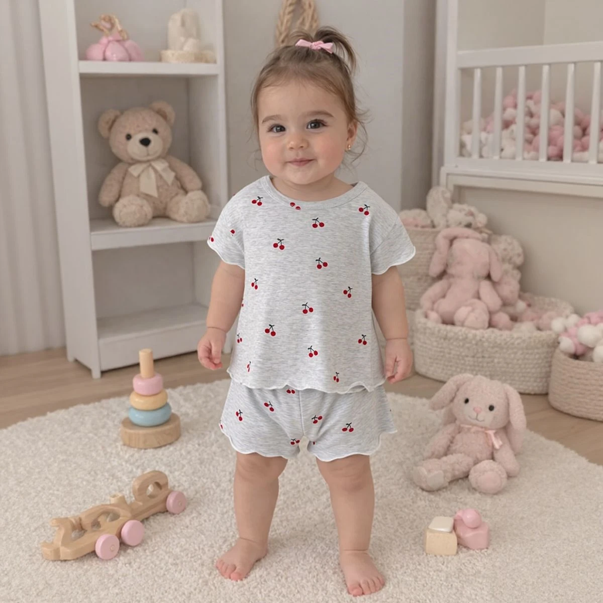 Summer Fashion Patterned Round-Neck Short-Sleeve Top + Cherry Printed Shorts. Soft, Comfortable Cotton Clothing for Baby
