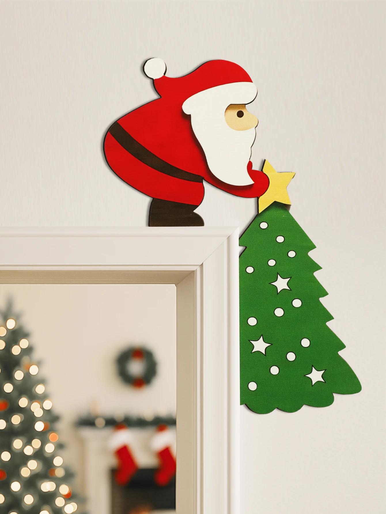 Christmas Santa Claus Door Topper Decor, Santa with Christmas Tree & Star Design, Festive Hanging Ornament for Home Door & Wall