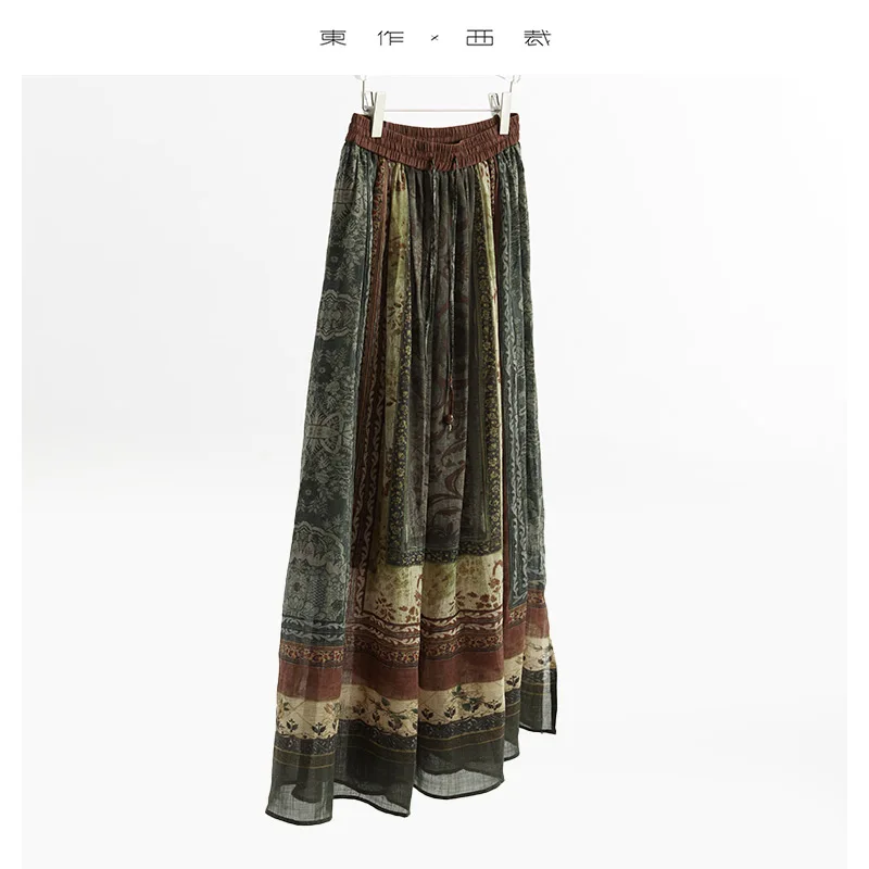 

2025 Spring and Summer New Women's Retro Ethnic Bohemian Style Ramie Skirt