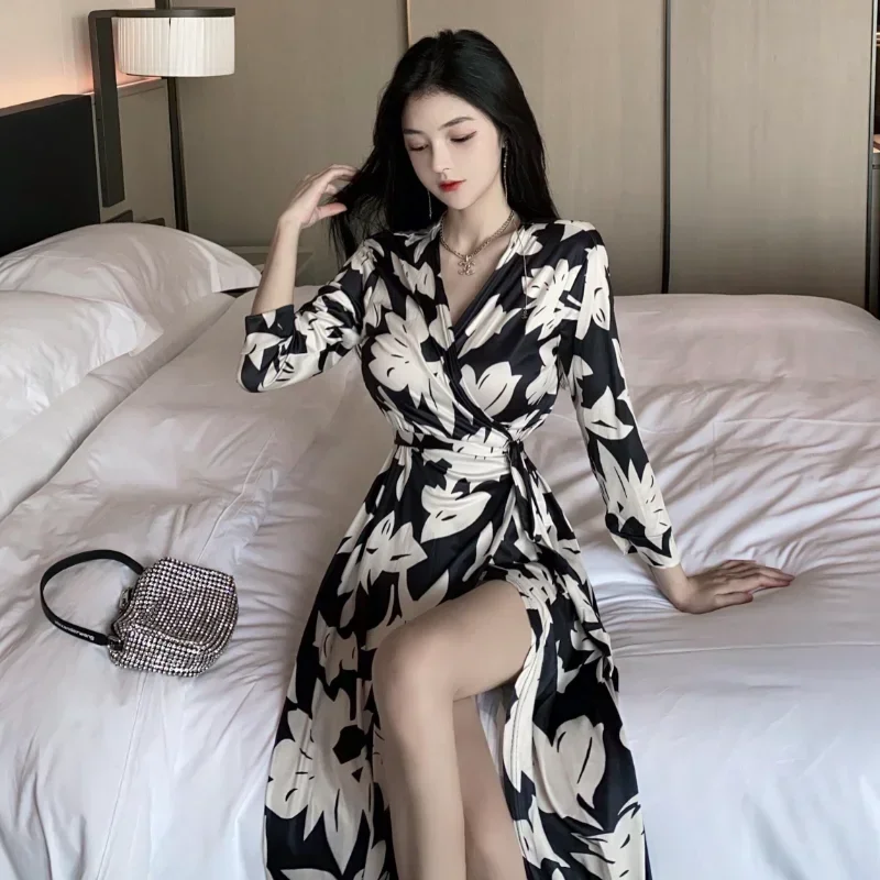 Spring/Summer 2023 Lace Up Split V-Neck Wrap Long Dresses One Piece Three Quarter Sleeve Women Holiday/Home Skirt Black Dress