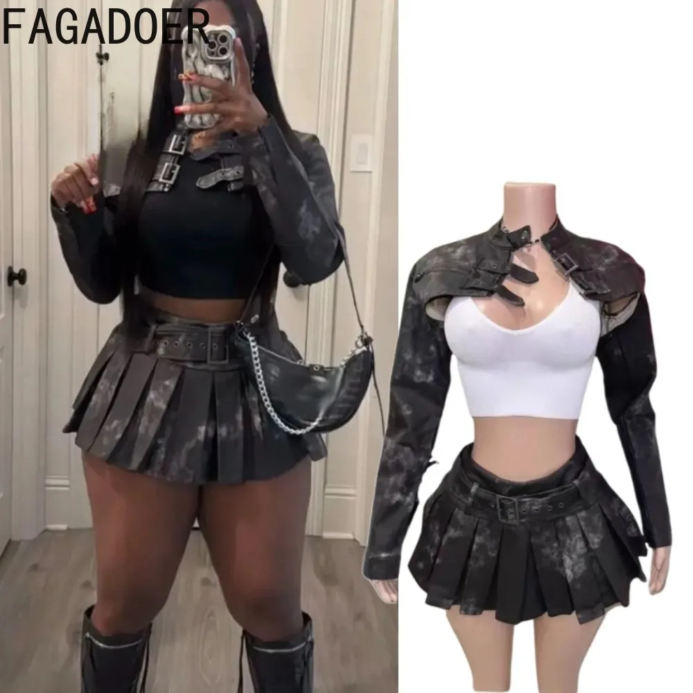 FAGADOER Punk Gothic Leather Two Piece Set for Women Long Sleeves Crop Jacket + Pleated Skirt Suits Fashion Streetwear 2025 New