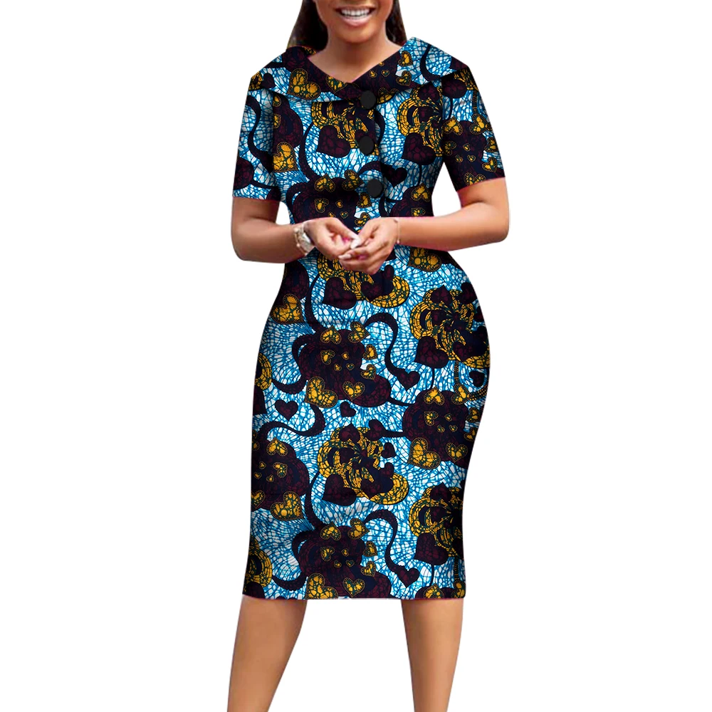 African Print Dresses for Women Short Sleeve Mid-dress Dashiki Traditional Clothing Knee-length African Wear for Ladies WY6482