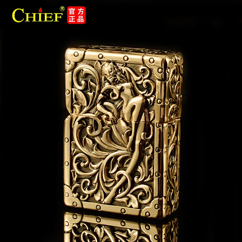 CHIEF Metal Heavy Armor Flower Fairy Kerosene Lighter Five Sided Relief Grinding Wheel Ignition Windproof Retro Lighters Gadgets