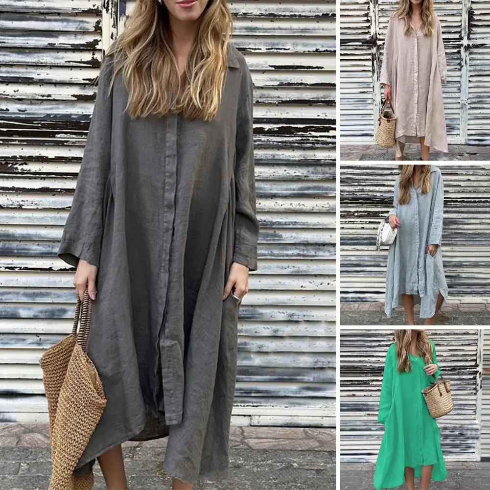 Женское платье-рубашка в стиле ретро, Осеннее повседневное однобортное асимметричное длинное платье-рубашка H-образной формы с юбкой для офиса