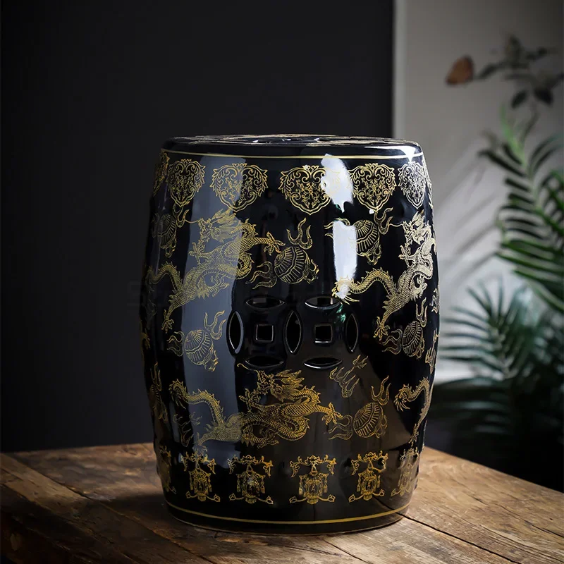 Black Gold Dragon Pattern Ceramic Stool Modern Chinese Artistic Style Round Pier Embroidered Antique Drum Stool Home Decor