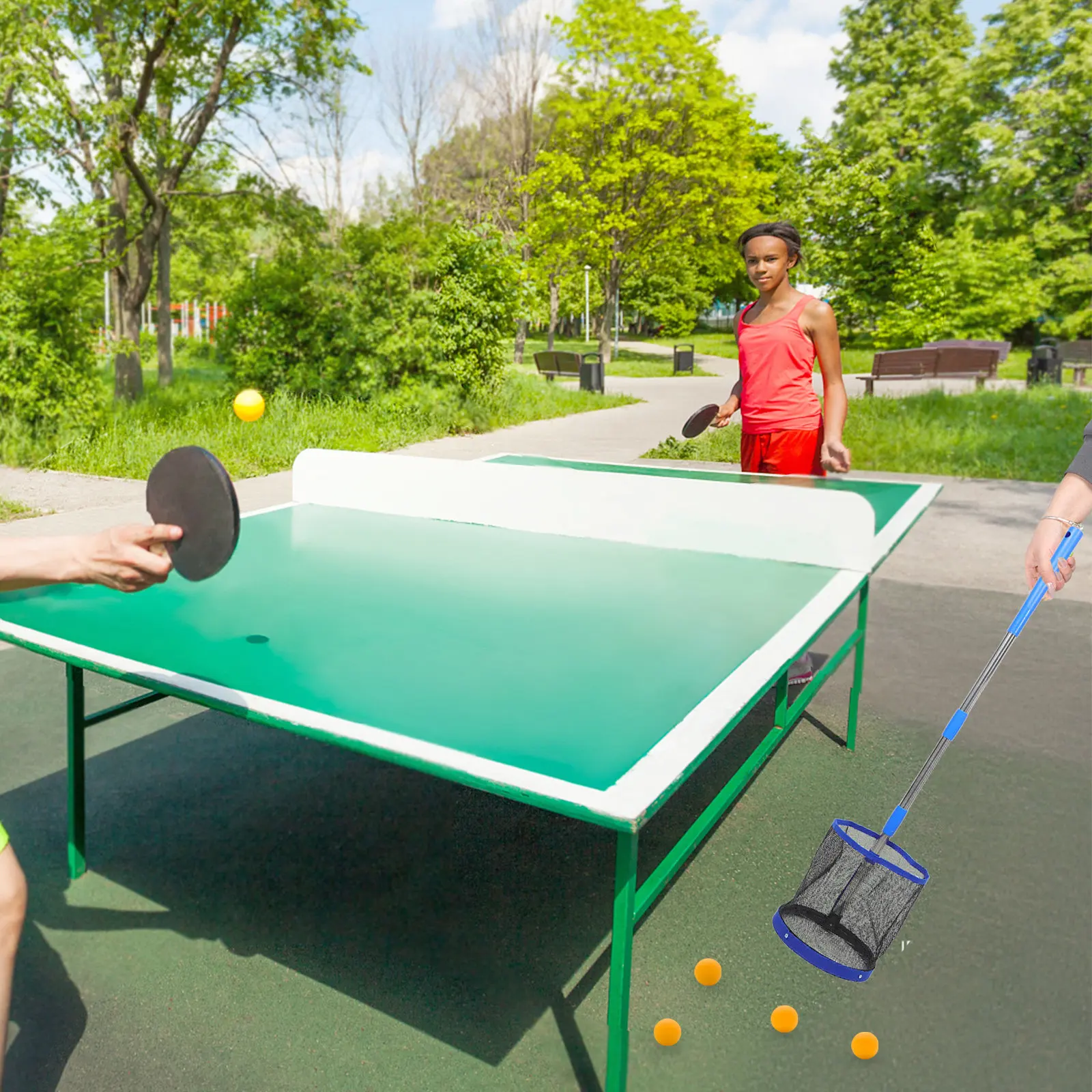 Table Tennis Ball Picker Heavy Duty Stainless Steel Rod with Nylon Net Bag Lightweight Convenient Ball Catcher for Training
