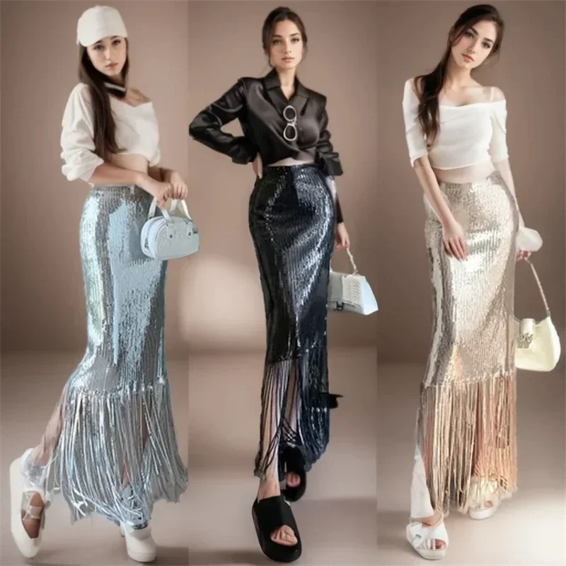 Sequins Skirts For Woman Black And White Romanc Elegant Temperament Chic Y2K Lined Fringed Long Women's Skirt 2024 Hip-wrapping