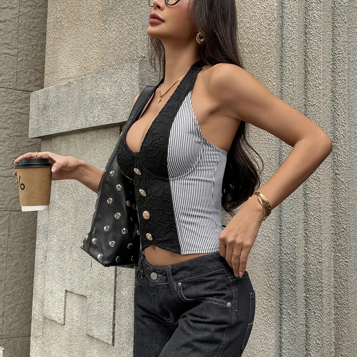 Women's Halter Neck Lace Crop Top with Striped Splicing, V-Neck Button Front Corset Style Tank Top, Sexy Backless Slim Fit Party