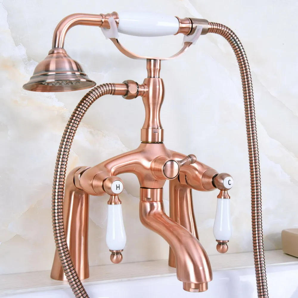 

Antique Red Copper Clawfoot Bathtub Faucet Telephone Style Handheld Shower Lna166