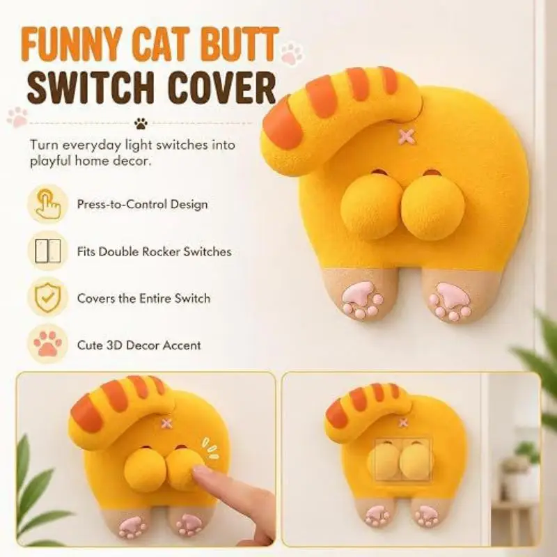 Kreativer Katzen-Po-Schalter-Panel-Aufkleber, niedlicher 3D-Tier-Orange-Katzen-Schalter-Panel-Schutzabdeckung, Heim-Wanddekorationsaufkleber, 1 Stück – Detail 8